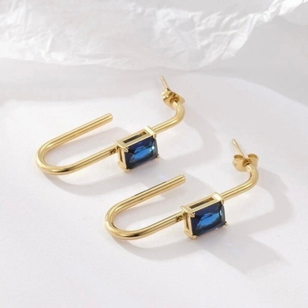 Gold Plated Stainless Steel Blue Zircon Drop Earrings NEW